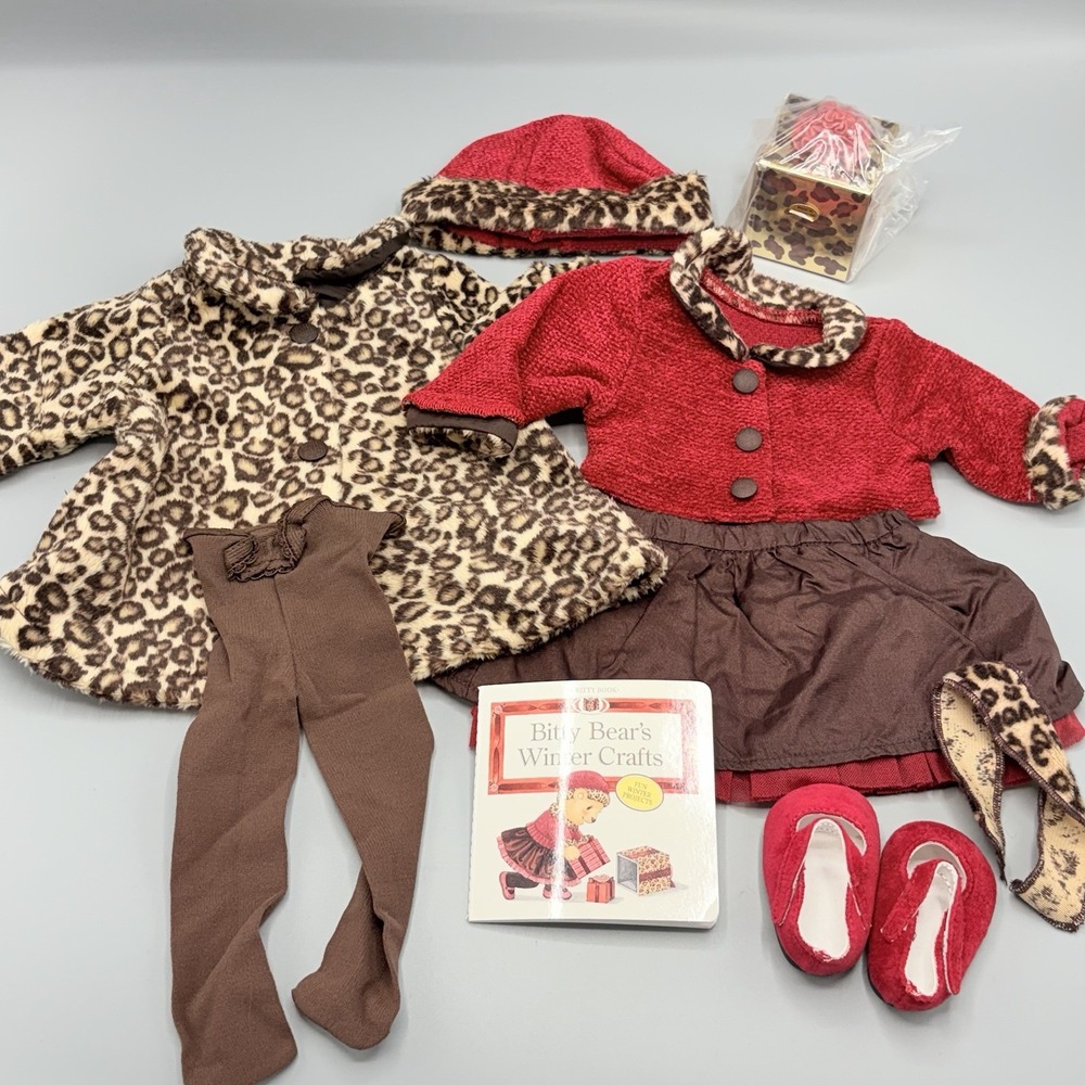 American Girl Bitty Baby Chocolate Cherry Sweater Skirt Set Leopard Print